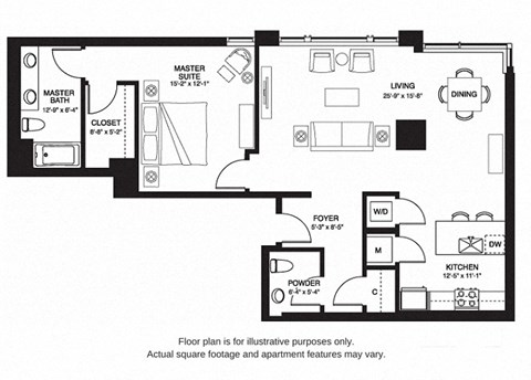Floor plan for 1 bed, 1.5 baths, 1154 sqft